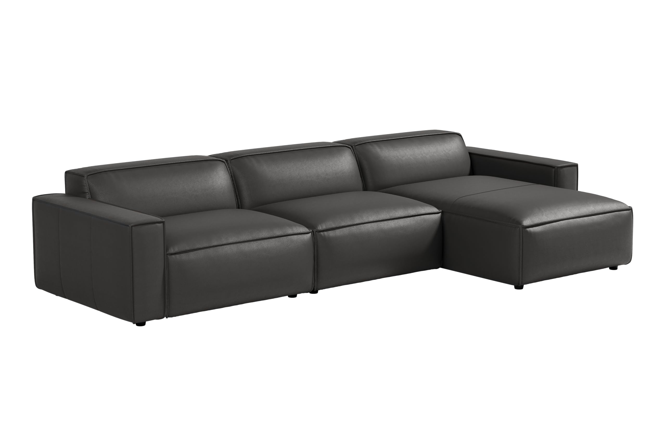 Valencia Nathan Napa Leather Couch - 3 Seats with Right Chaise Sectional Sofa - 100% Full Aniline Leather Modern Sofa for Lounge and Living Room Solid Wood Frame and High-Resilience Foam Couch (Black)