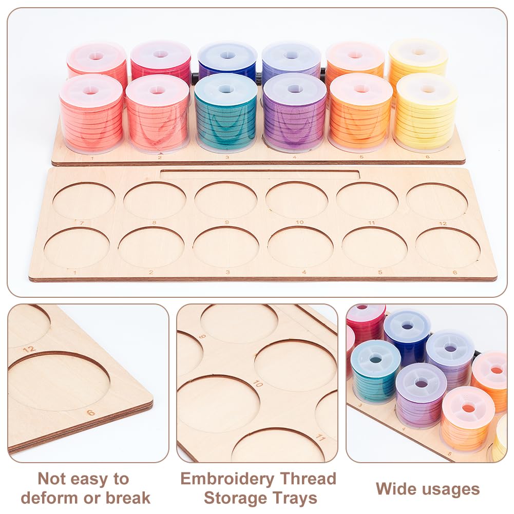 BENECREAT 2pcs Slots Wood Embroidery Thread Storage Trays 12 Positions Wooden Thread Spools Rack Thread Holder Organizer for Embroidery Quilting and Sewing Threads, 12.6x5"