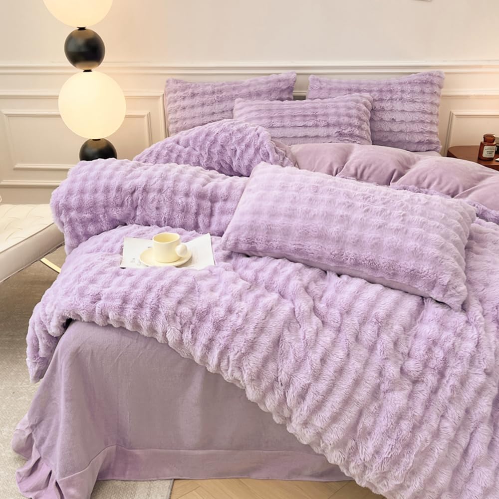 Mengersi Faux Fur Duvet Cover Set, Cozy Warm Plush Bedding Set Plush Shaggy Fluffy Fuzzy Comforter Cover Bed Set (Purple, Full)