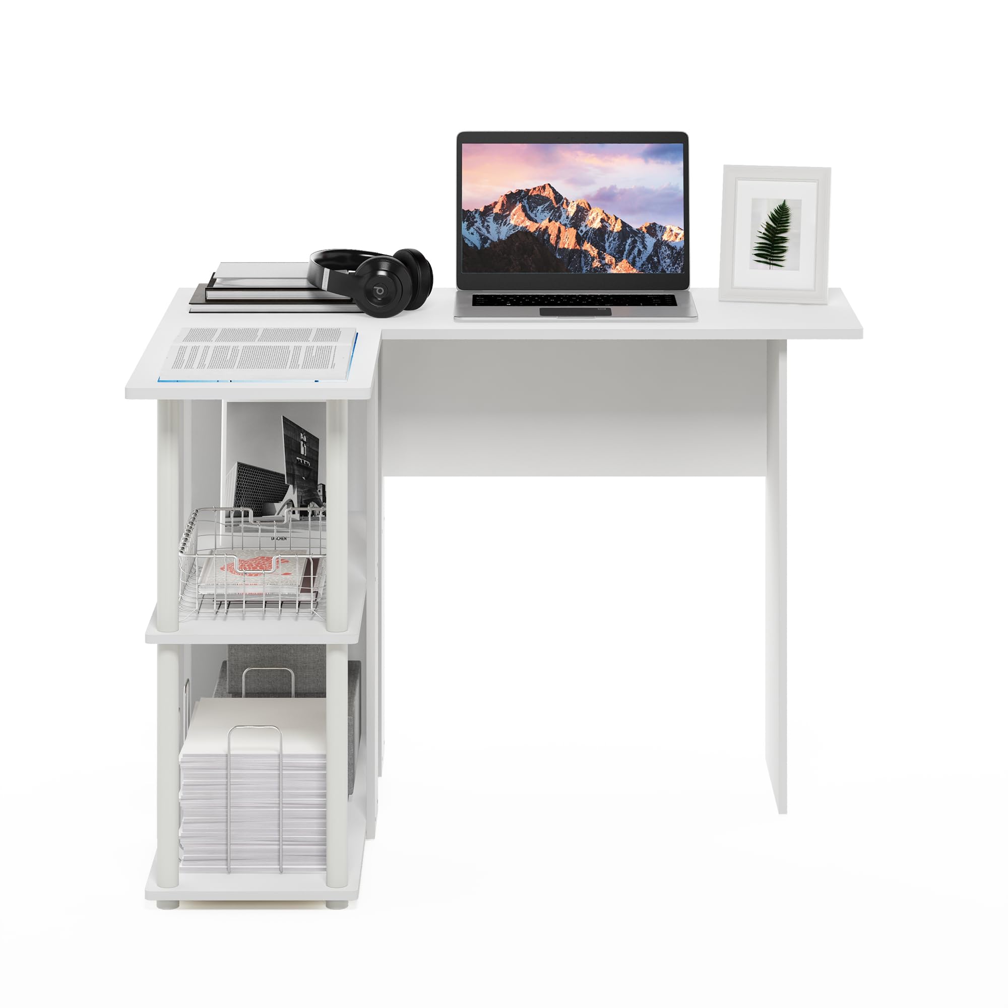 Furinno Abbott L-Shape Desk with Bookshelf, 41.14 (W) x 28.94 (H) x 34.45 (D) inches, White/White