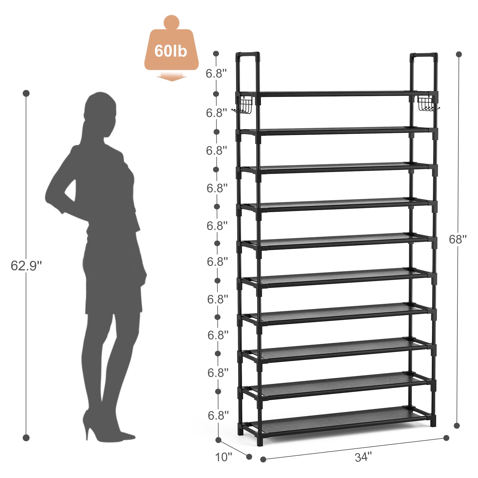 VTRIN 10 Tiers Shoe Rack Tall Large Capacity 50 Pairs Wide Shoe Organizer Sturdy Shoe Shelf for Entryway with Two Hooks Metal Shoe Storage for Closet, Bedroom, Black