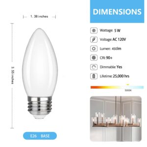 FUTIME 6Pack B11 E26 LED Candelabra Bulbs, 5W Equal 40 watt Edison Light Bulbs, Daylight White 5000K Dimmable Candle Bulb for Chandeliers, Ceiling Fan,Pendant,Wall sconces 450LM Light Bulb Milky Glass