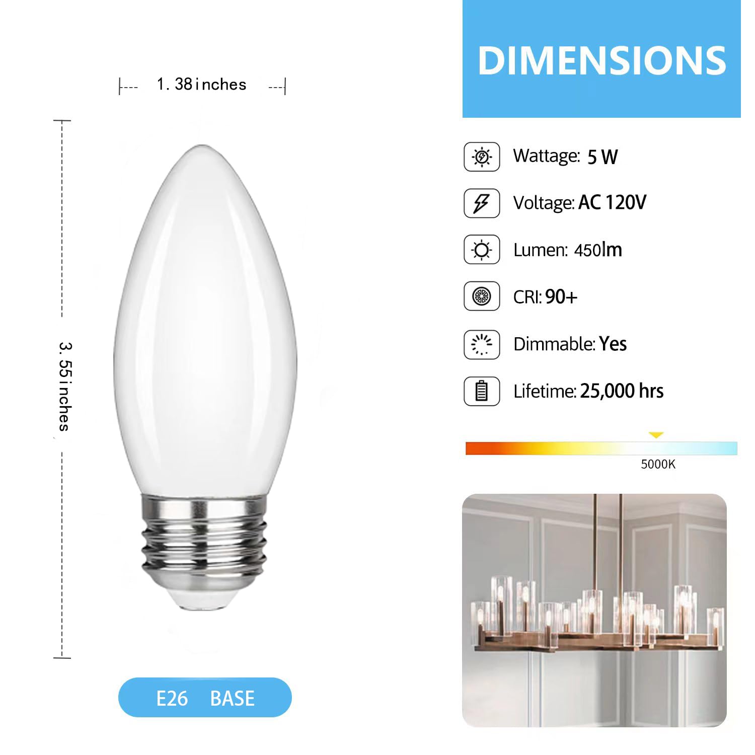 FUTIME 6Pack B11 E26 LED Candelabra Bulbs, 5W Equal 40 watt Edison Light Bulbs, Daylight White 5000K Dimmable Candle Bulb for Chandeliers, Ceiling Fan,Pendant,Wall sconces 450LM Light Bulb Milky Glass