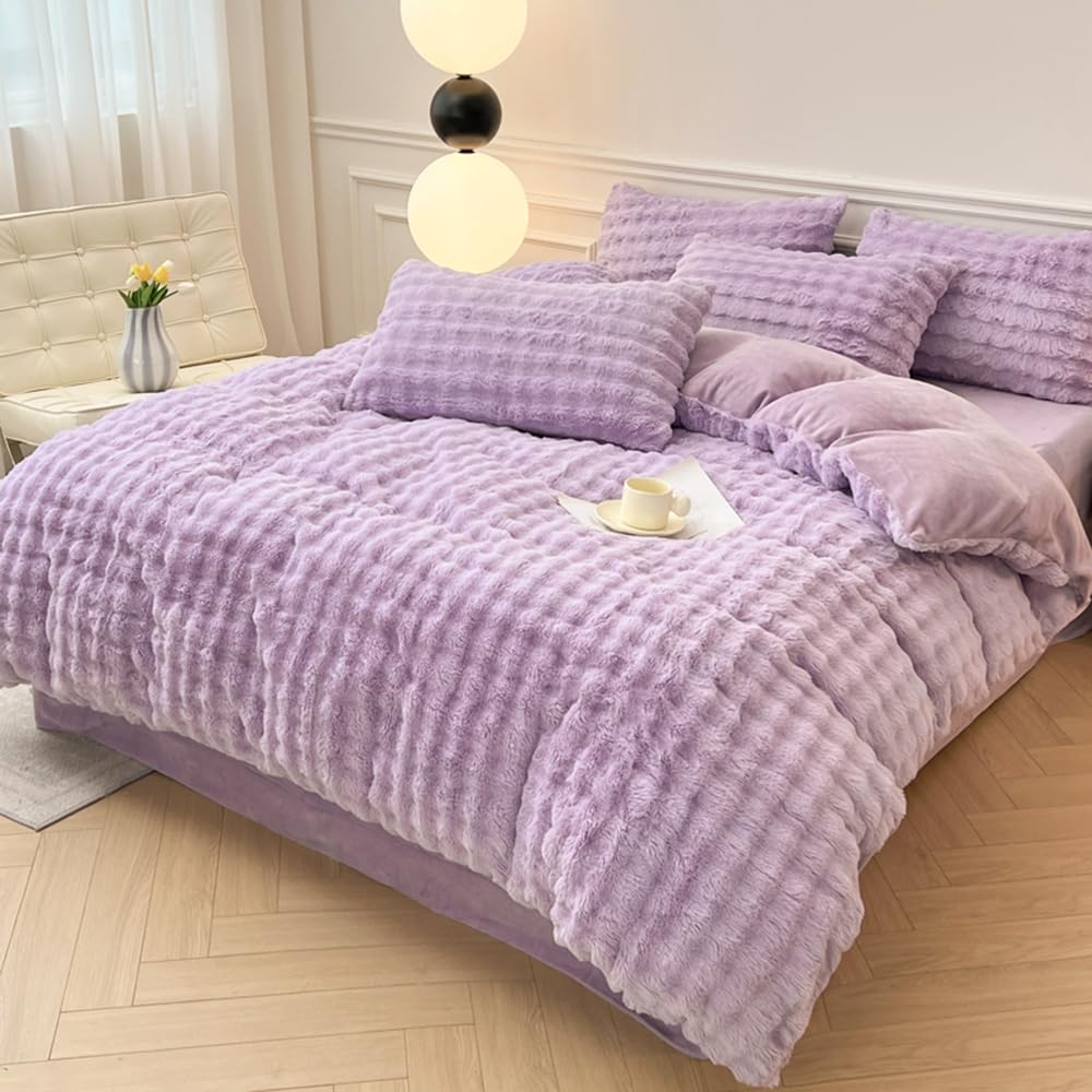 Mengersi Faux Fur Duvet Cover Set, Cozy Warm Plush Bedding Set Plush Shaggy Fluffy Fuzzy Comforter Cover Bed Set (Purple, Full)