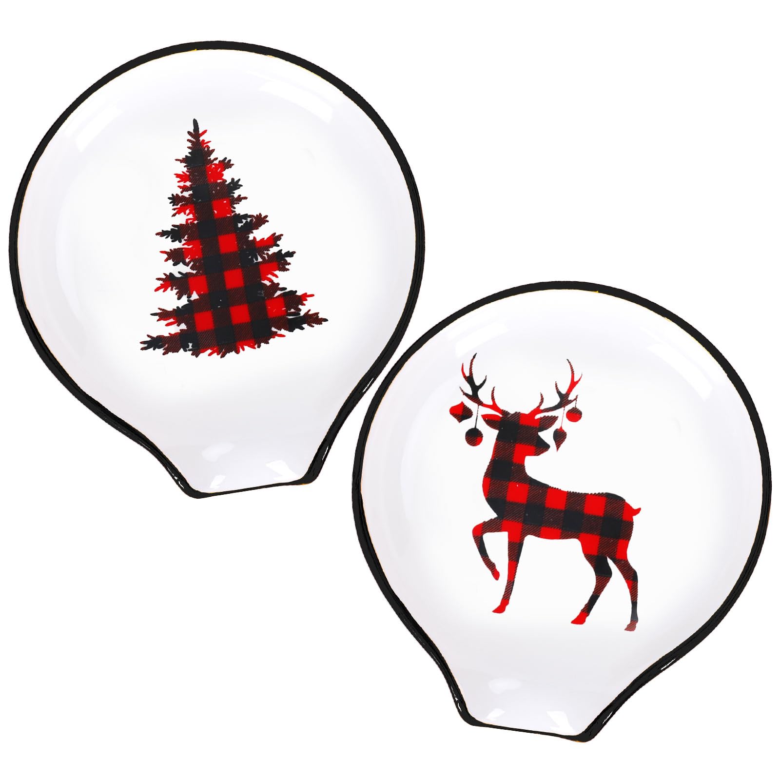 Whaline 2Pcs Christmas Coffee Spoon Rest Plaid Xmas Tree Reindeer Ceramic Teaspoon Holder Christmas Holiday Sauce Dishes Dipping Bowl Ring Dish for Teacher Gift Kitchen Office Bar Coffee Stirrers