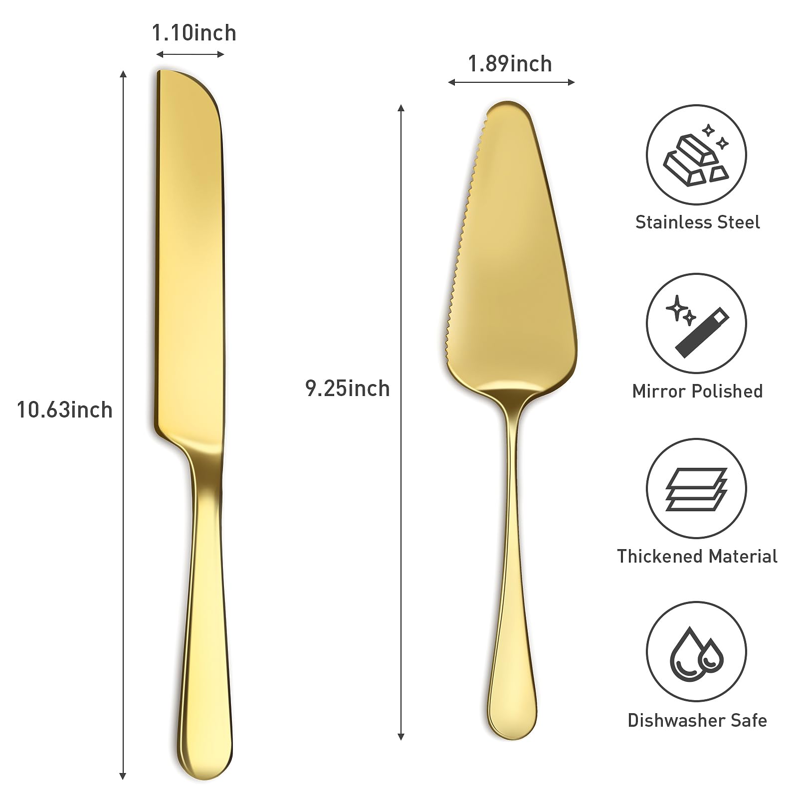 GIEBYIE 2Pcs Wedding Cake Knife and Server Set, Premium Cake Cutter includes 10.63" Cake Knife and 9.25" Pie Server, Stainless Steel Cake cutting set for Wedding, Birthday, Anniversary, Gold