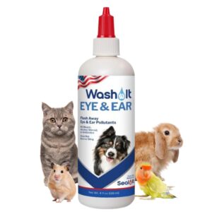 wash-it eye and ear wash for pets to flush out contaminants, irritations & dirt | us-made dog ear wash & tear stain remover with hypochlorous acid for rapid care with no irritation (4oz)