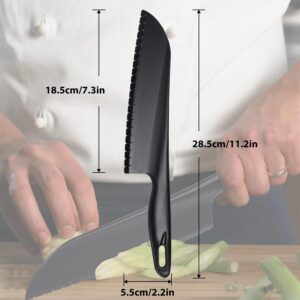 ChaLeeMoo 11” Nylon Knife for Nonstick Bakeware with Serrated Edges, Large Plastic Kitchen Knife to Cut Lettuce Salad Cake Brownie or Veggies Fruits, Nonmetal Knife for Teflon Cookware, Black 2 Pack