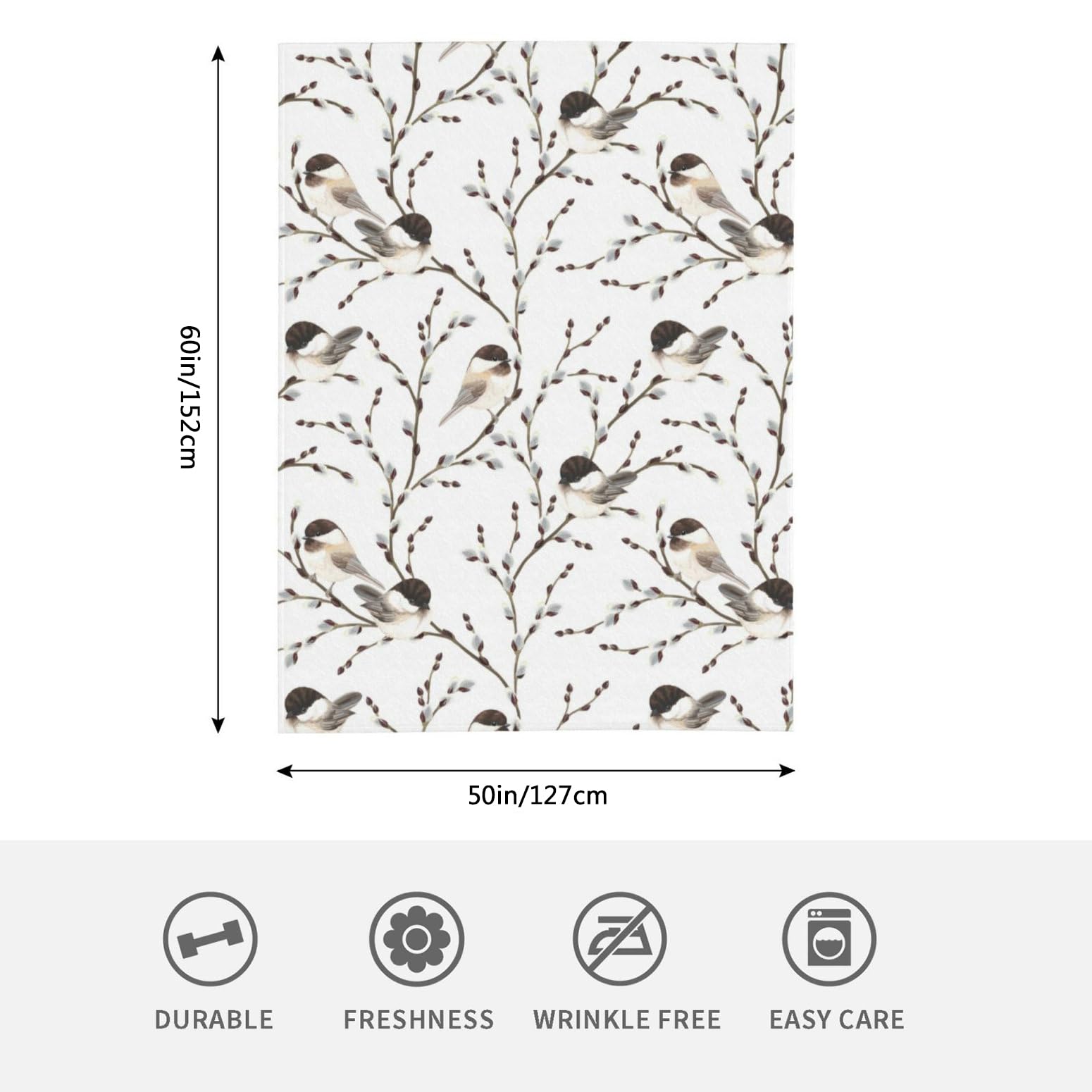 HGOD DESIGNS Bird Throw Blanket Flannel Fleece Blanket Willow Branches and Birds Black-Capped Chickadee Lightweight Throw for Bed Sofa Travel Teens Birthday s 50" x 60