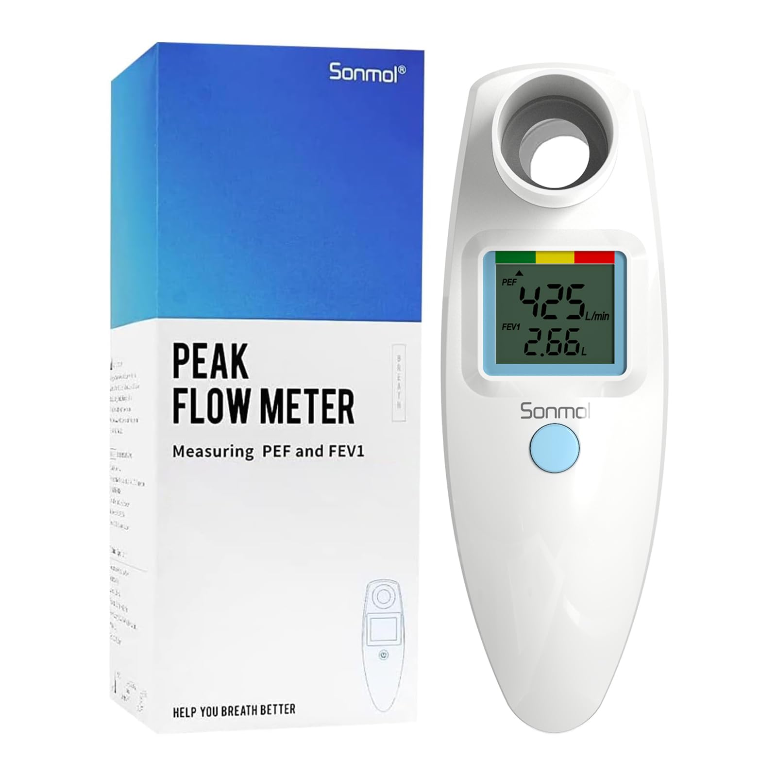 Sonmol Digital Peak Flow Meter Portable PEF Forced Expiratory Volume FEV1 Tester with Red Yellow Green Risk Indicator