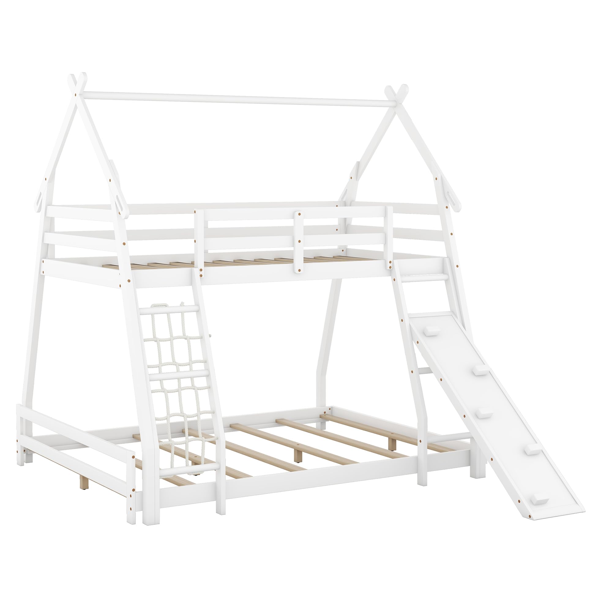 Harper & Bright Designs Twin Over Queen Bunk Bed with Climbing Nets and Climbing Ramp,Wooden Playhouse Bunk Beds for Kids,Girls & Boys,No Box Spring Needed, White