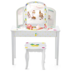 honey joy kids vanity set, toddler beauty makeup dressing table w/stool & drawer, tri-fold silver mirror, detachable top, pineapple theme wooden princess pretend play vanity set for little girls