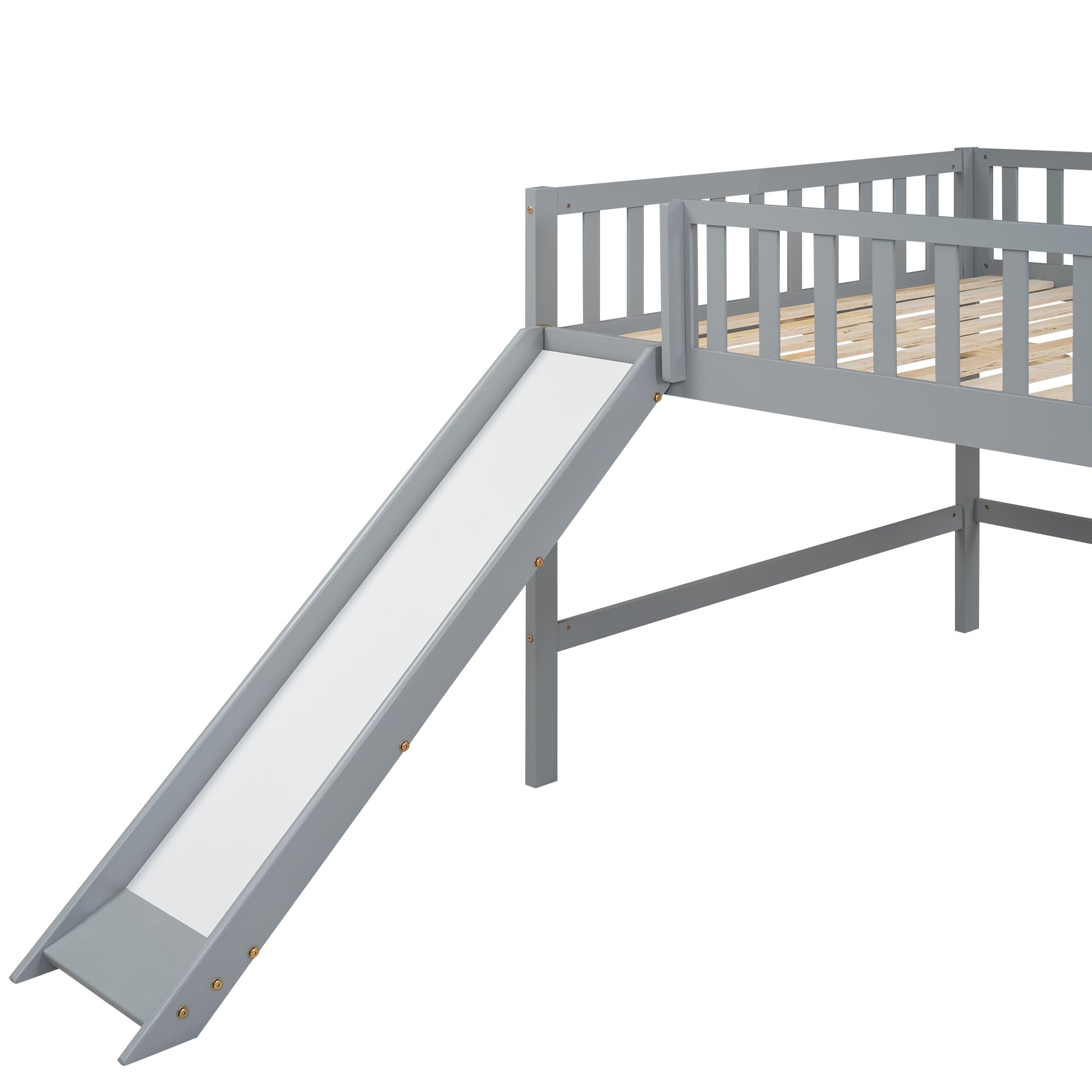 Harper & Bright Designs Full Size Low Loft Bed with Slide, High Guardrail & Ladder, Kids Wooden Full Loft Bed Frame for Girls,Boys, No Box Spring Needed, Gray