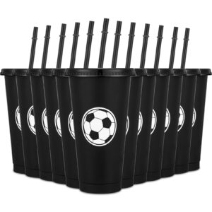 domensi 12 pcs sport soccer plastic tumbler with lid and straw 24oz reusable plastic cups sports gifts for fan friend guest birthday office sport party supplies