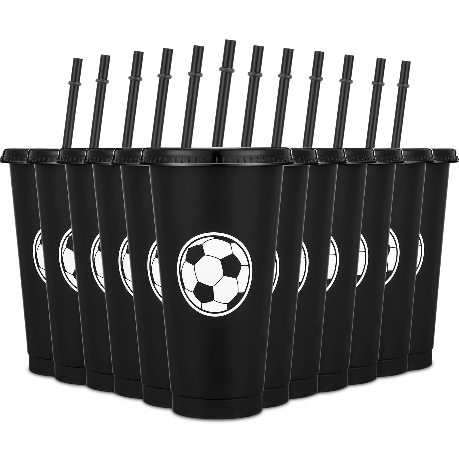 Domensi 12 Pcs Sport Soccer Plastic Tumbler with Lid and Straw 24oz Reusable Plastic Cups Sports Gifts for Fan Friend Guest Birthday Office Sport Party Supplies