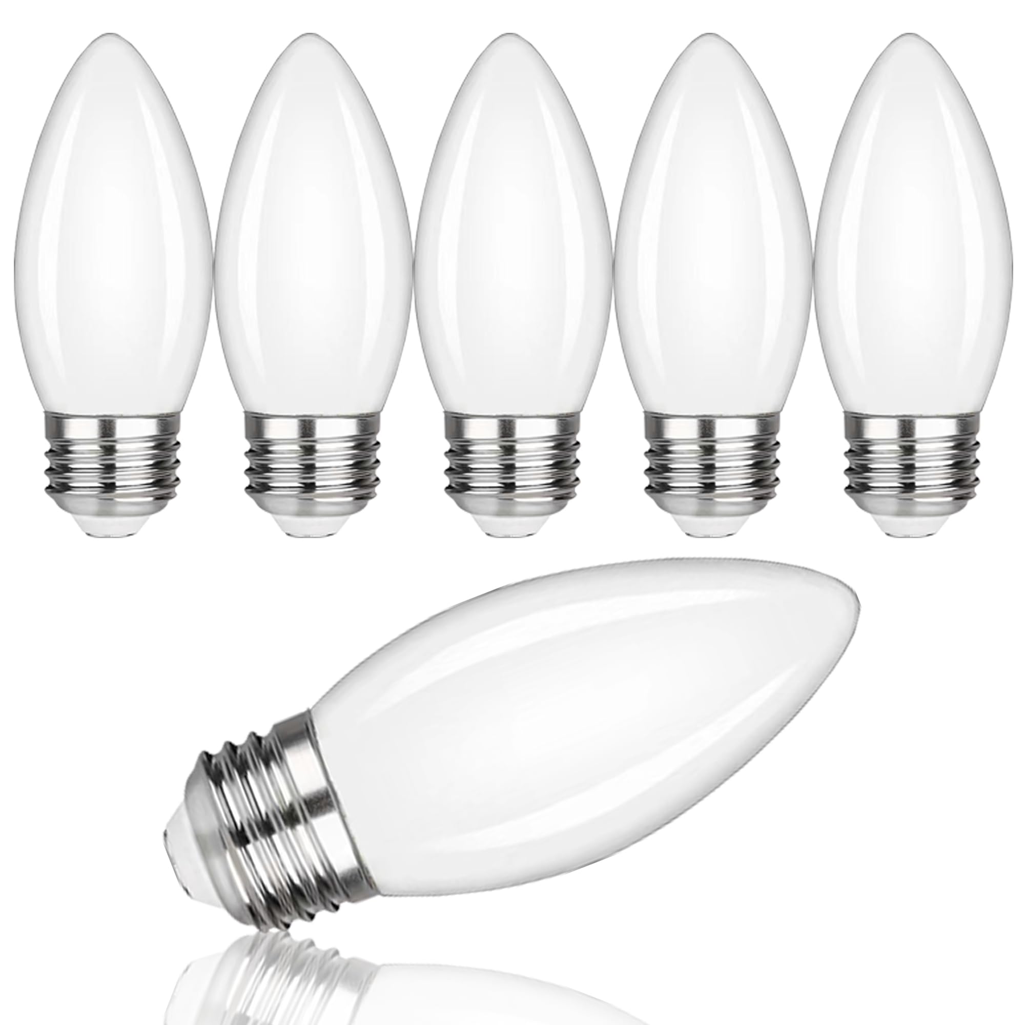 FUTIME 6Pack B11 E26 LED Candelabra Bulbs, 5W Equal 40 watt Edison Light Bulbs, Daylight White 5000K Dimmable Candle Bulb for Chandeliers, Ceiling Fan,Pendant,Wall sconces 450LM Light Bulb Milky Glass