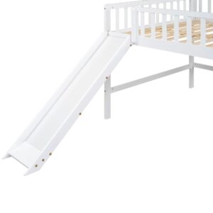 Harper & Bright Designs Full Size Low Loft Bed with Slide, High Guardrail & Ladder, Kids Wooden Full Loft Bed Frame for Girls,Boys, No Box Spring Needed, White