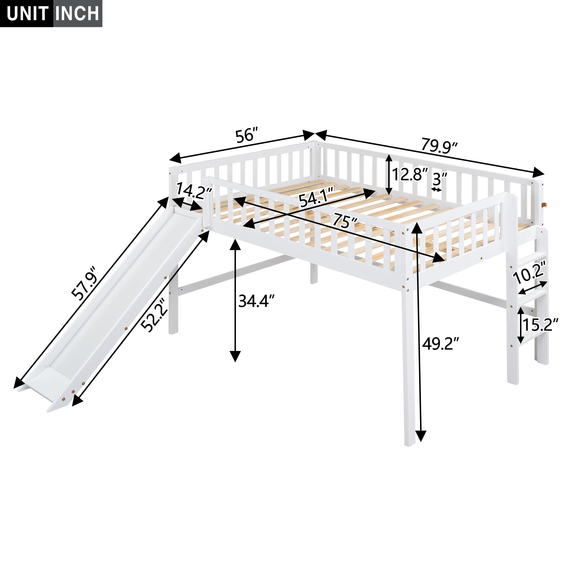 Harper & Bright Designs Full Size Low Loft Bed with Slide, High Guardrail & Ladder, Kids Wooden Full Loft Bed Frame for Girls,Boys, No Box Spring Needed, White