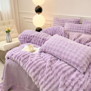 Mengersi Faux Fur Duvet Cover Set, Cozy Warm Plush Bedding Set Plush Shaggy Fluffy Fuzzy Comforter Cover Bed Set (Purple, Full)