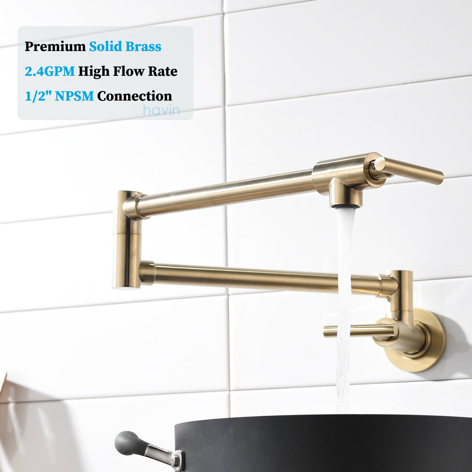 Havin Gold Brass Pot Filler,Wall Mount Commercial Pot Filler Faucet, Copper Material Kitchen Folding Faucet,Coffee Machine Faucet with Stretchable Double Joint Swing Arms,Style A,Brushed Gold