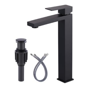 vessel sink faucet matte black, arcora single handle tall bathroom faucet, single hole lavatory vanity mixer bar tap with pop up drain and faucet supply lines