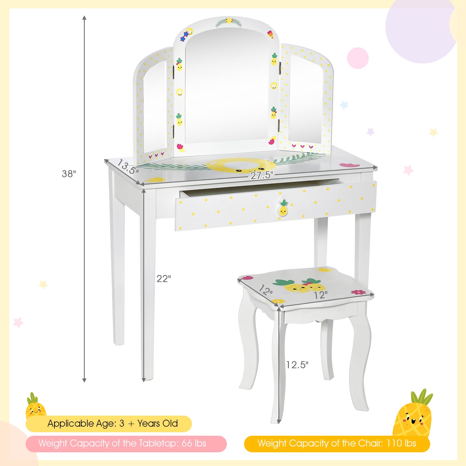 HONEY JOY Kids Vanity Set, Toddler Beauty Makeup Dressing Table w/Stool & Drawer, Tri-Fold Silver Mirror, Detachable Top, Pineapple Theme Wooden Princess Pretend Play Vanity Set for Little Girls