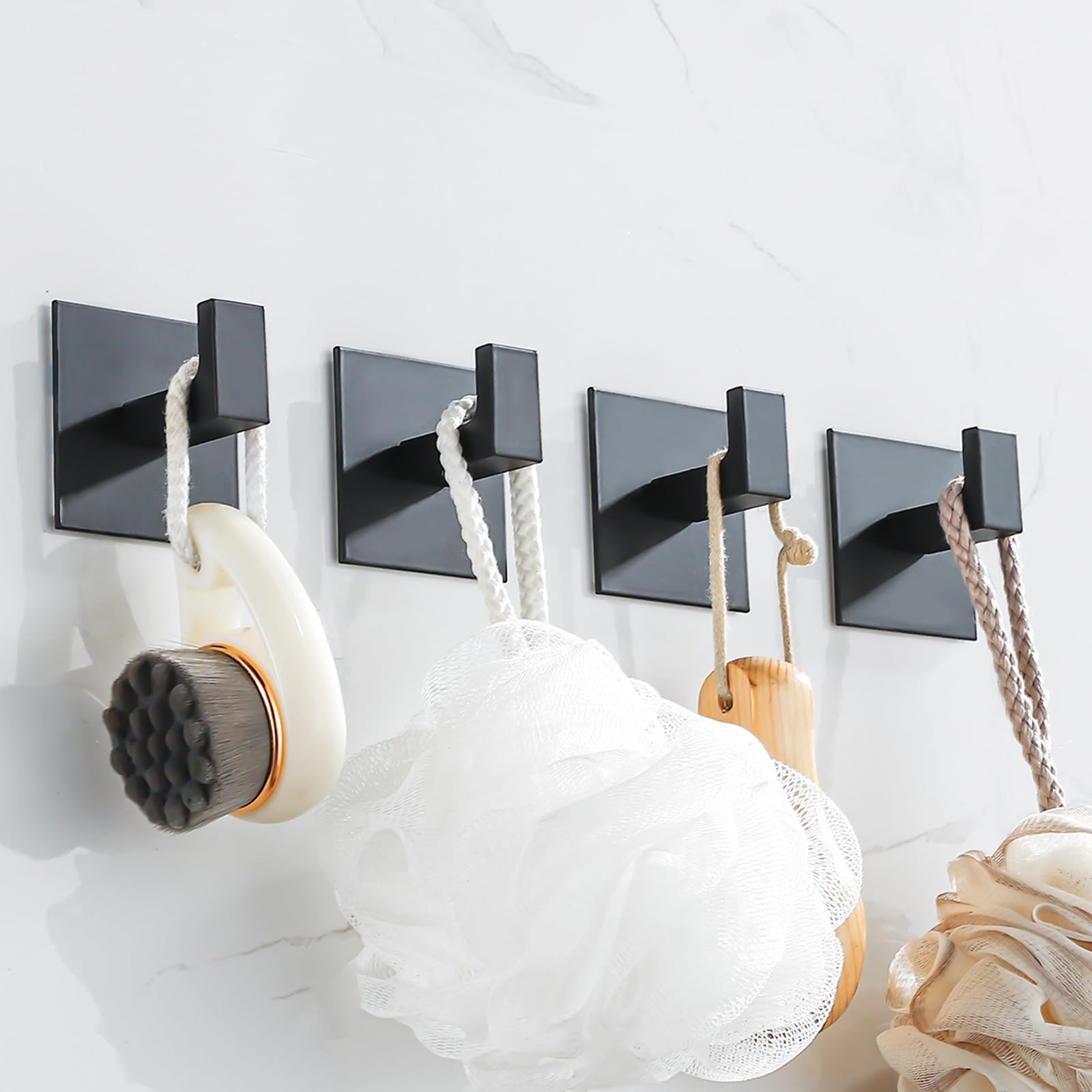 SAIWILLER 4 Pack Adhesive Black Towel Hooks Bathroom Shower Hook Robe Hanger Stickers Coat Hat Rack Square Metal Wall Hooks for Hanging