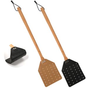 peutier 2pcs leather fly swatter, 19.5 inch long heavy duty flyswatter manual with wooden handle fly catcher for indoor outdoor (black, brown)