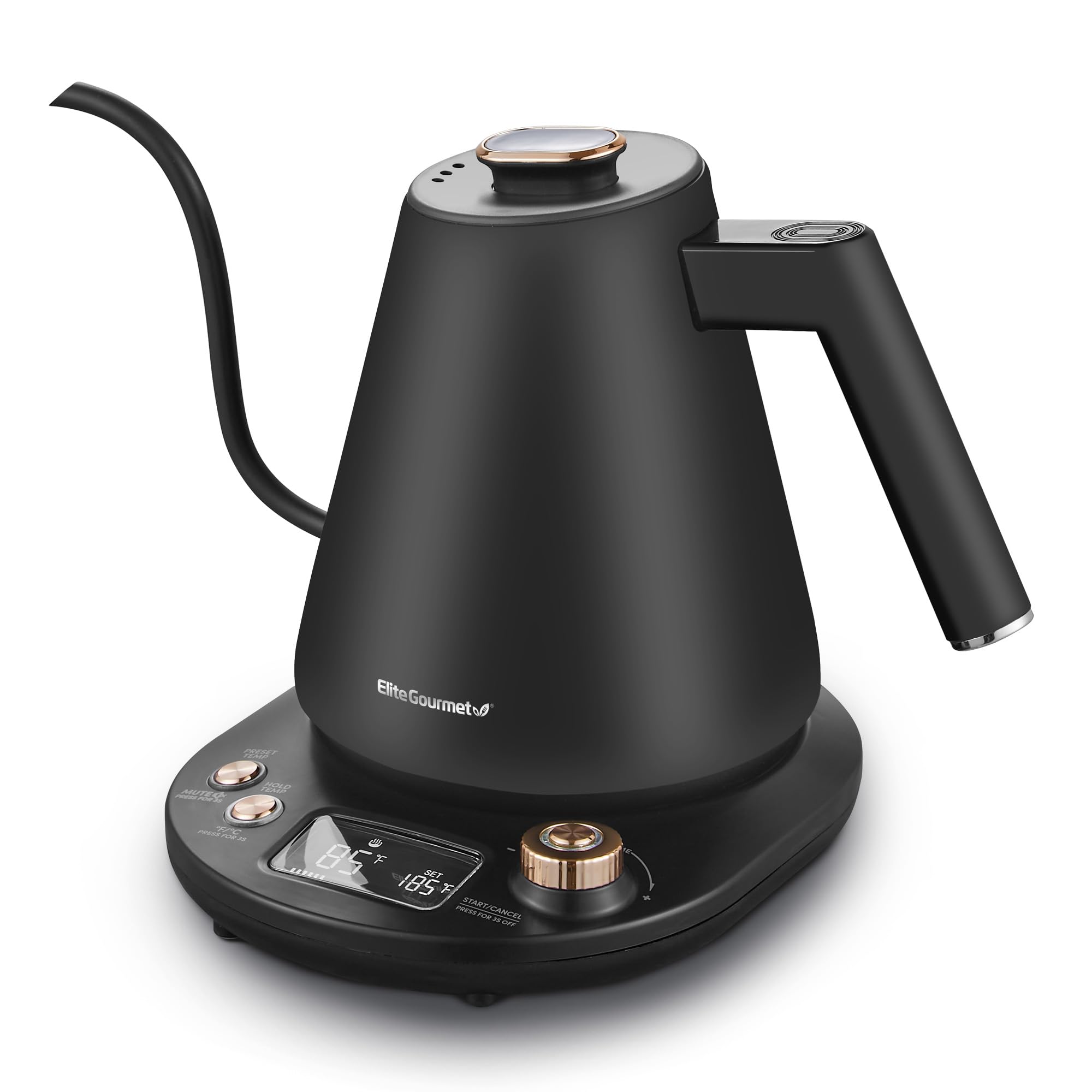 Elite Gourmet EKT3001 1L Digital #304 Stainless Steel Interior 1200W Kettle Pre-Programmed Temperatures, Keep Warm, Cordless, 360° Base, 90° Gooseneck Spout, Auto Shut-Off Function, Matte Black