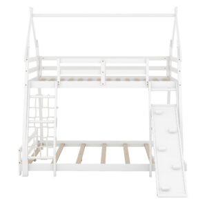 Harper & Bright Designs Twin Over Queen Bunk Bed with Climbing Nets and Climbing Ramp,Wooden Playhouse Bunk Beds for Kids,Girls & Boys,No Box Spring Needed, White