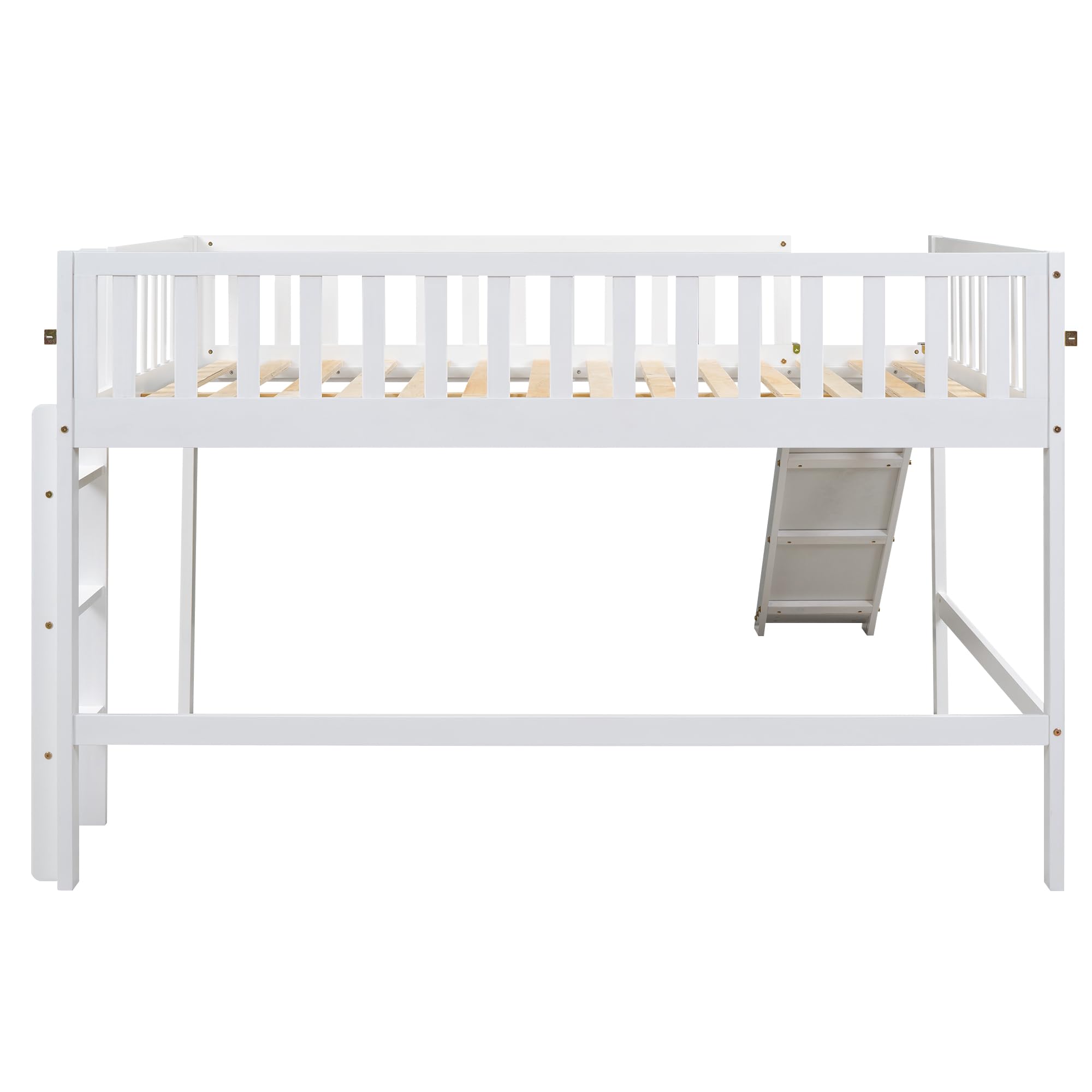 Harper & Bright Designs Full Size Low Loft Bed with Slide, High Guardrail & Ladder, Kids Wooden Full Loft Bed Frame for Girls,Boys, No Box Spring Needed, White