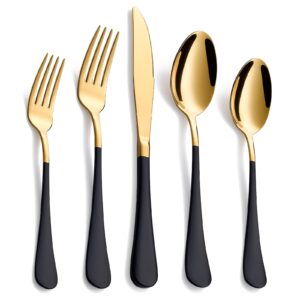 moxinox 20-piece black & gold silverware set, 18/0 stainless steel colorful handle flatware set, service for 4, modern cutlery set includes dinner knives forks spoons, mirror polished, dishwasher safe