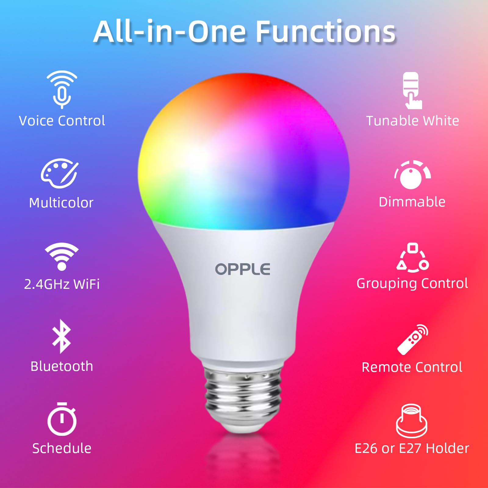 OPPLE Smart Light Bulbs, 60W Equivalent WiFi Bluetooth Dimmable LED RGB Light Bulbs, Full Color Changing Smart Light Bulb Compatible with Alexa & Google Assistant, 9W 800 Lumens 2.4 GHz, Wi-Fi, 2 Pack