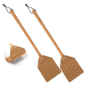 peutier 2pcs leather fly swatter, 19.5 inch long heavy duty flyswatter manual with wooden handle fly catcher for indoor outdoor (brown)