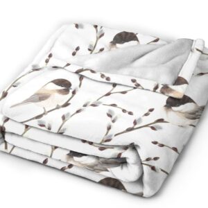 HGOD DESIGNS Bird Throw Blanket Flannel Fleece Blanket Willow Branches and Birds Black-Capped Chickadee Lightweight Throw for Bed Sofa Travel Teens Birthday s 50" x 60