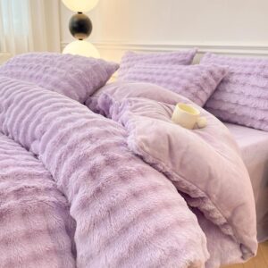 Mengersi Faux Fur Duvet Cover Set, Cozy Warm Plush Bedding Set Plush Shaggy Fluffy Fuzzy Comforter Cover Bed Set (Purple, Full)