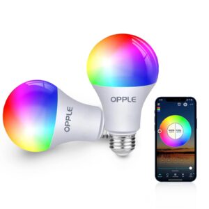 opple smart light bulbs, 60w equivalent wifi bluetooth dimmable led rgb light bulbs, full color changing smart light bulb compatible with alexa & google assistant, 9w 800 lumens 2.4 ghz, wi-fi, 2 pack