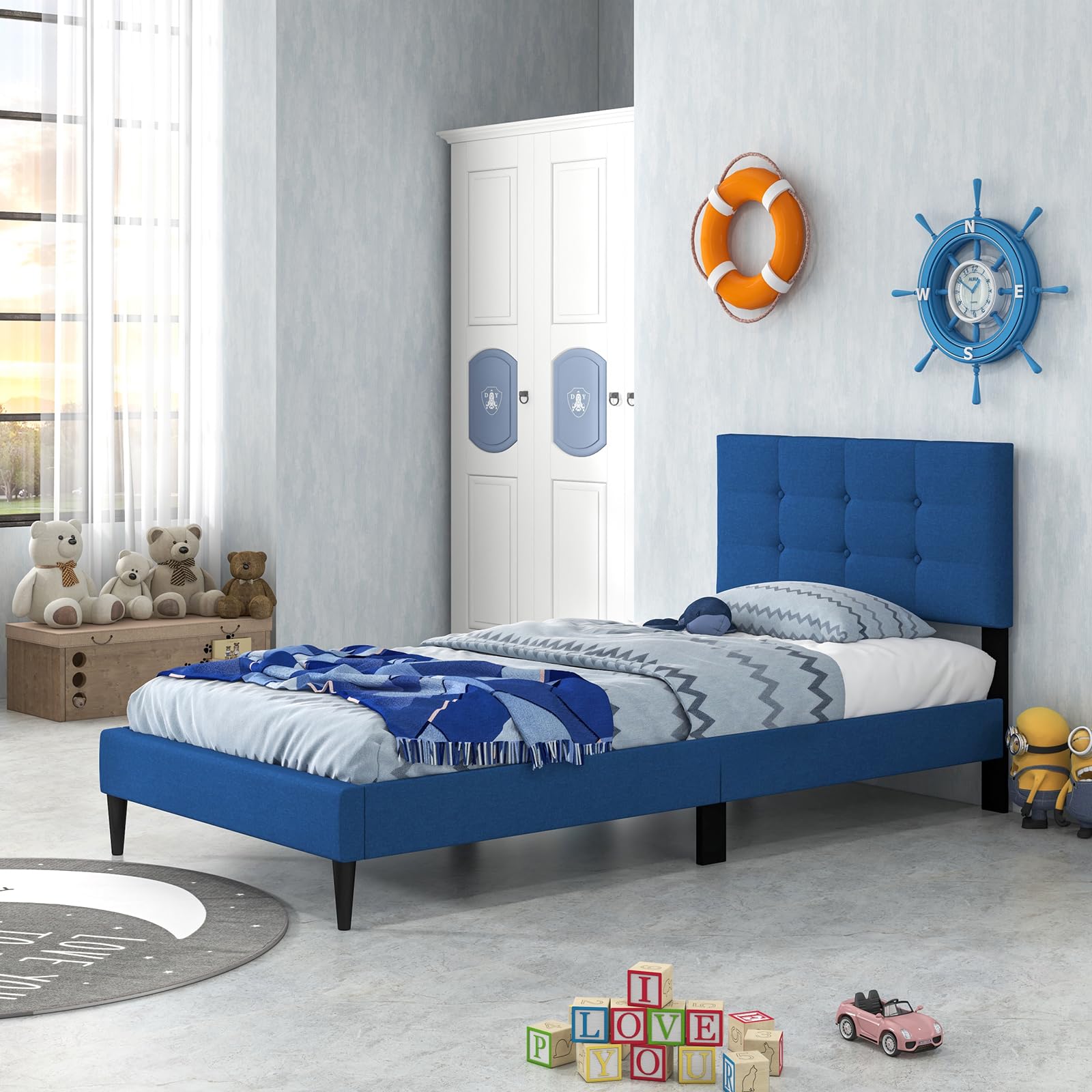 Giantex Twin Bed Frames for Kids, Modern Fabric Linen Upholstered Platform Bed Frame with Button Tufted Headboard and Wooden Slats, No Box Spring Needed, Kids Twin Bed for Boys Girls, Navy Blue