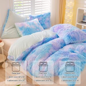 ZRNBAST Shaggy Faux Fur Duvet Cover Set Blue Purple Twin Size Bedding Sets for Girls Kids 3 Pcs Soft Fluffy Tie Dye Ombre Duvet Covers with Zipper Closure(Blue,Twin)