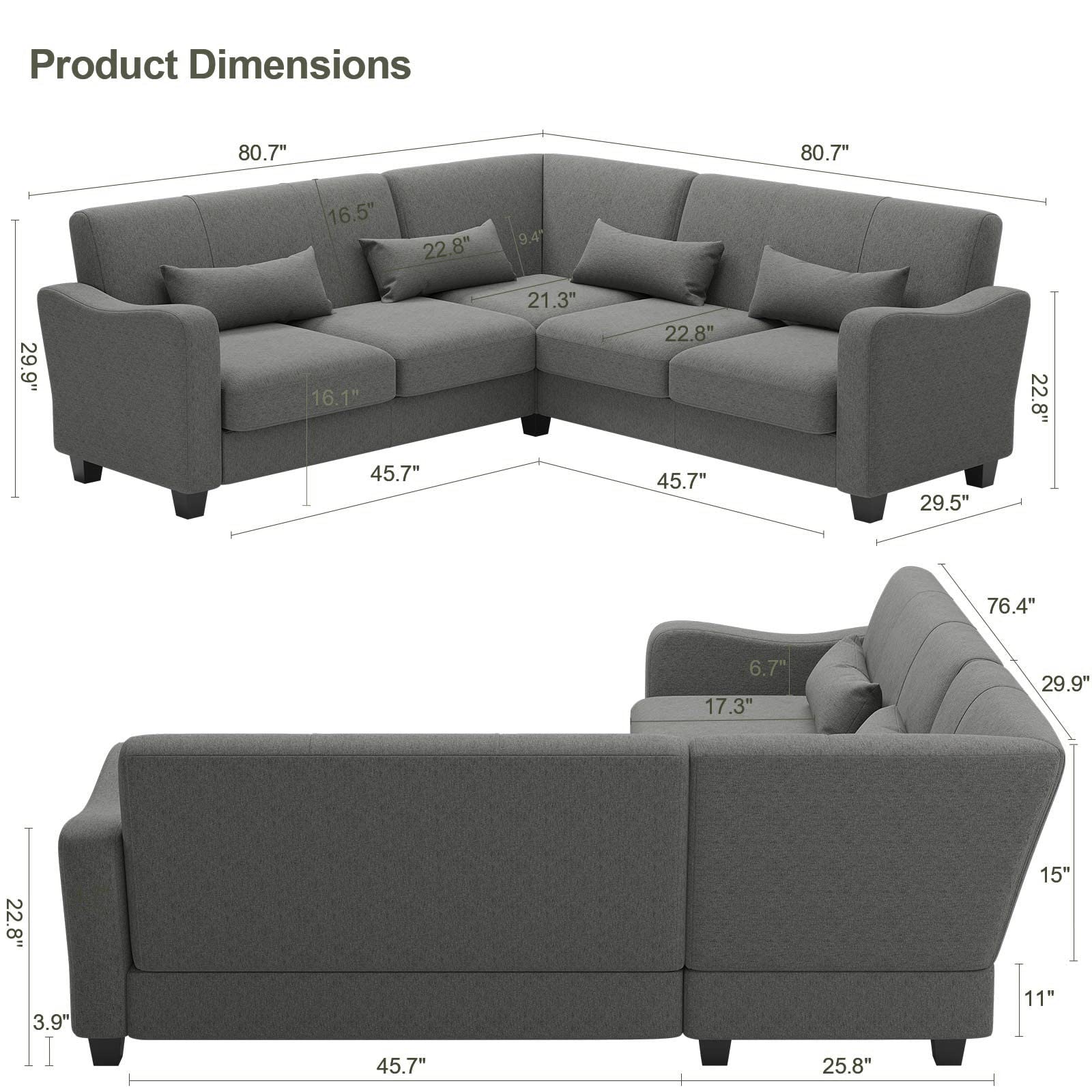 Belffin Fabric L Shaped Sofa Small Sectional Couch with Chaise Solid Corner Sofa Small L Couches 5 Seater Sofa Light Grey