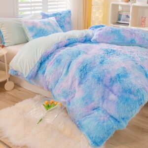 ZRNBAST Shaggy Faux Fur Duvet Cover Set Blue Purple Twin Size Bedding Sets for Girls Kids 3 Pcs Soft Fluffy Tie Dye Ombre Duvet Covers with Zipper Closure(Blue,Twin)