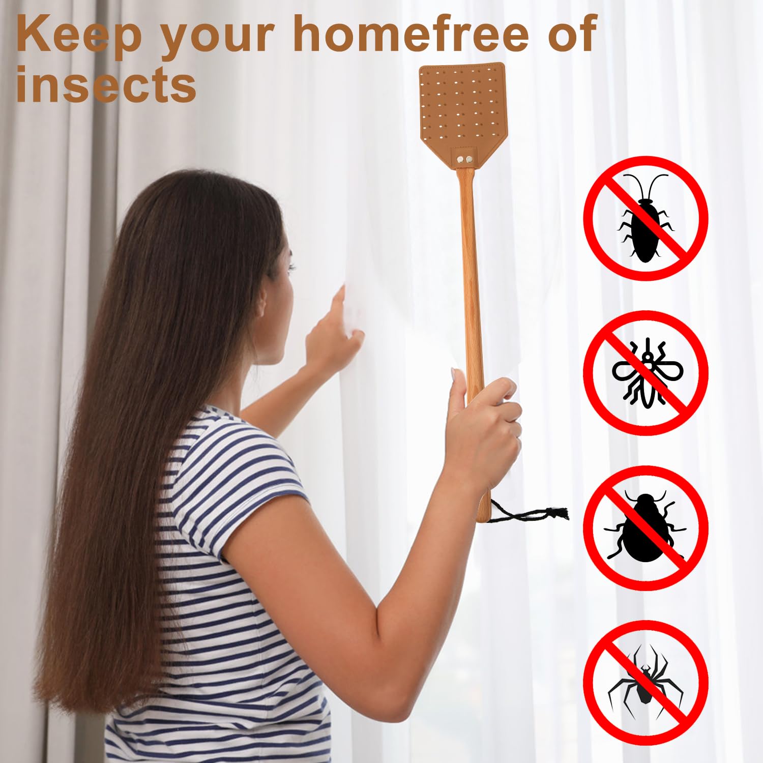 PEUTIER 2pcs Leather Fly Swatter, 19.5 Inch Long Heavy Duty Flyswatter Manual with Wooden Handle Fly Catcher for Indoor Outdoor (Brown)