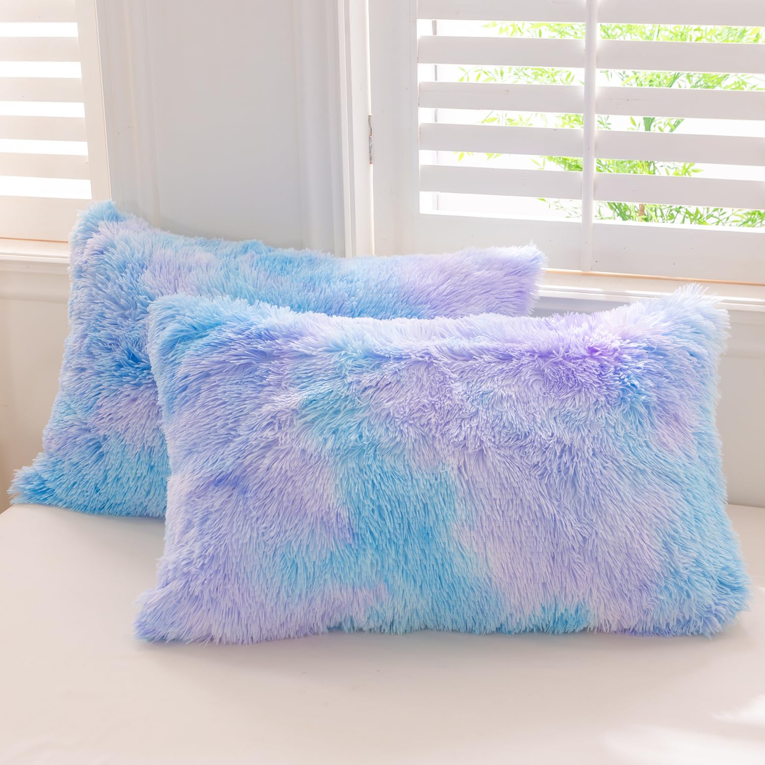 ZRNBAST Shaggy Faux Fur Duvet Cover Set Blue Purple Twin Size Bedding Sets for Girls Kids 3 Pcs Soft Fluffy Tie Dye Ombre Duvet Covers with Zipper Closure(Blue,Twin)