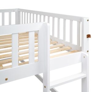 Harper & Bright Designs Full Size Low Loft Bed with Slide, High Guardrail & Ladder, Kids Wooden Full Loft Bed Frame for Girls,Boys, No Box Spring Needed, White