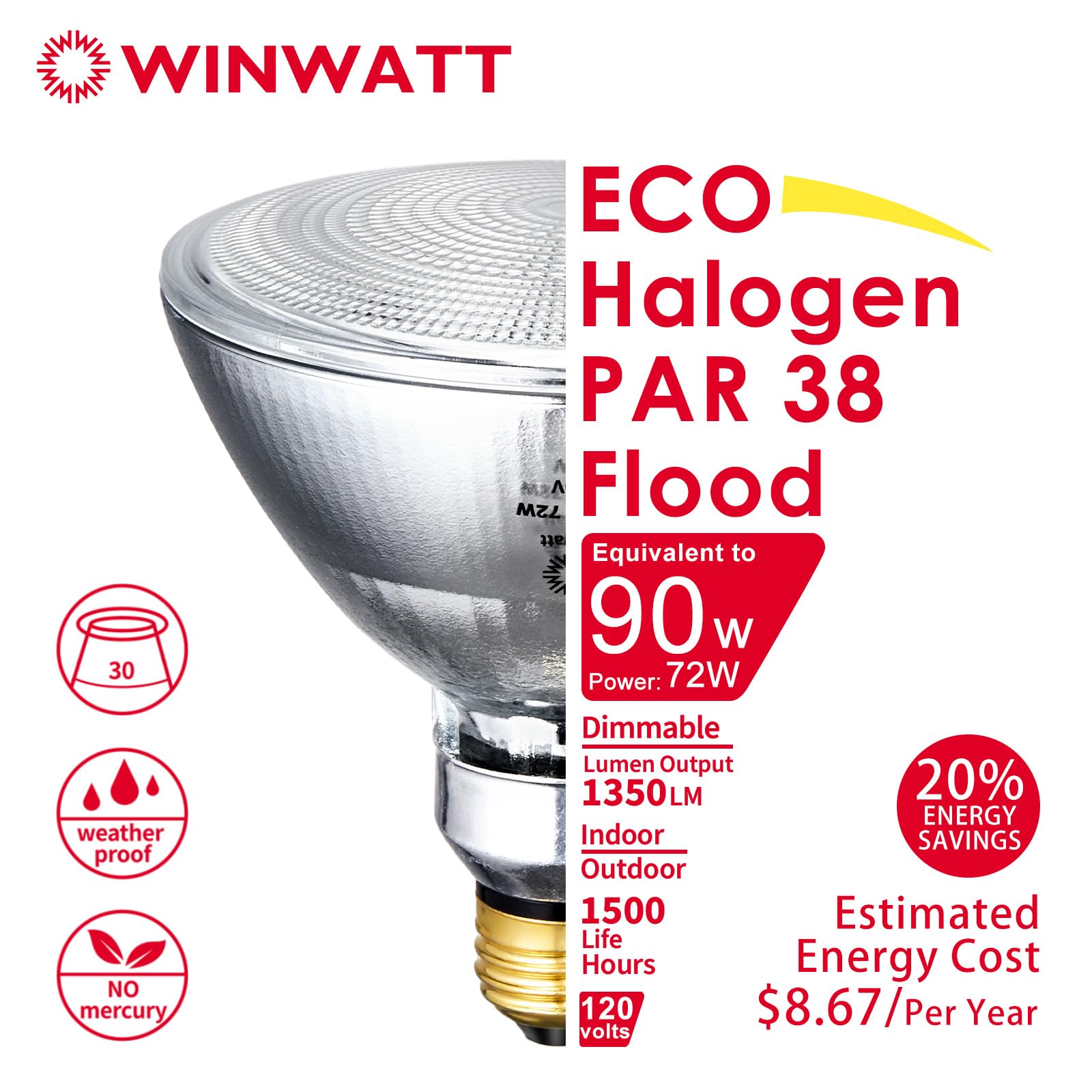 WinWatt PAR38 Flood 25-Deg. 72W, 12 Pack 90W Eq. EcoPAR Halogen Light Bulb E26 Dimmable 2950K CRI100 120V 72W (Count of 12)