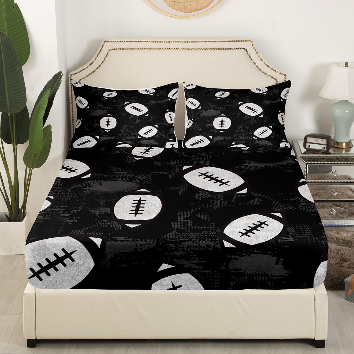 Erosebridal Boys Football Twin Fitted Sheet Kids Sports Sheets, Black Grey Bed Sheets Soccer Rugby Bed Cover, Dark Gray Camouflage Grunge Bed Set (Black) Soft (Deep Pocket)