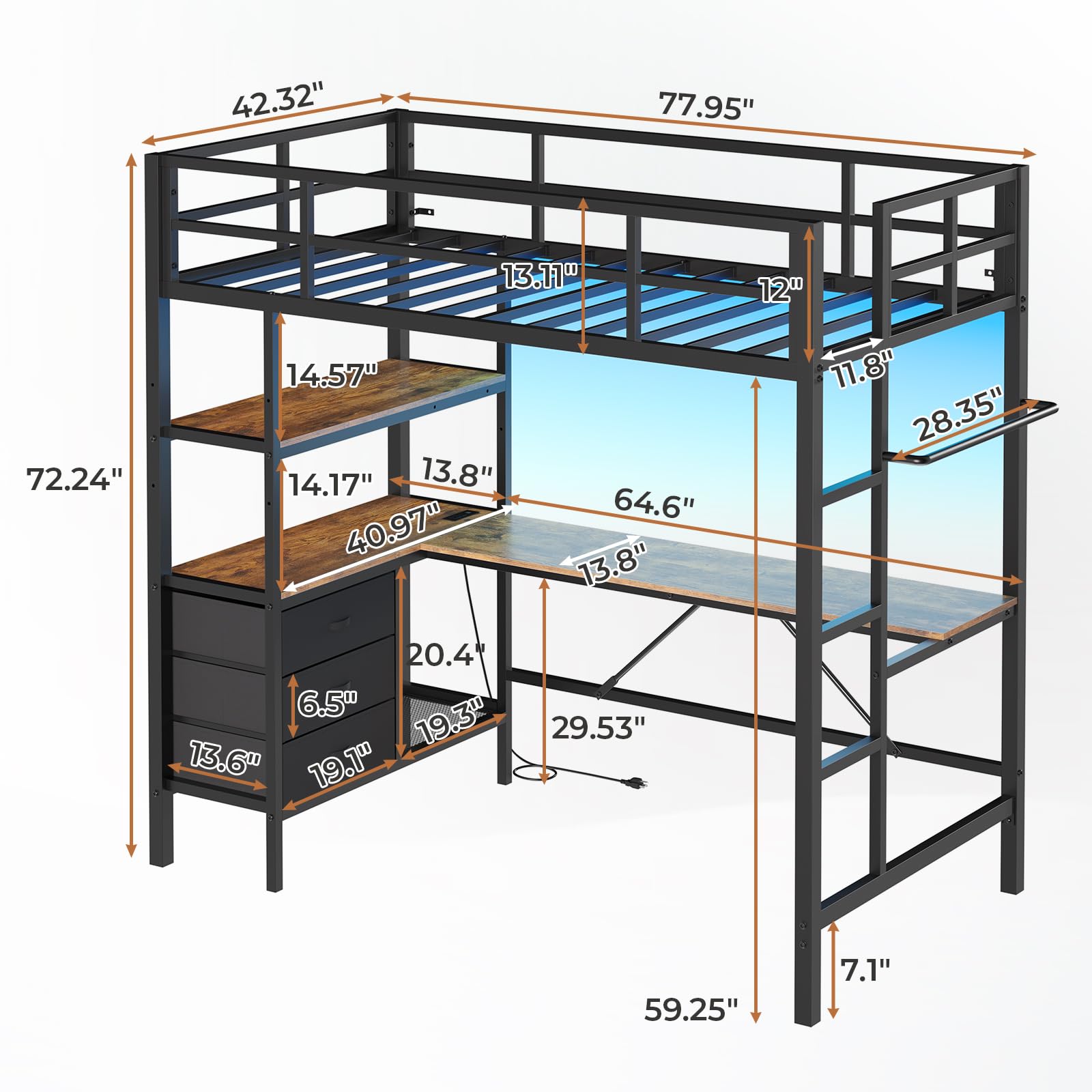 DICTAC Twin Metal Loft Bed with L-Shaped Desk, LED Lights,Charging Station LED Loft Bed Frame Twin Size with 3 Storage Shelves and 3 Fabric Drawers, Safety Guard & Ladder, No Box Spring Needed, Black