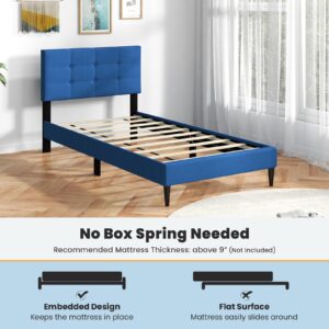 Giantex Twin Bed Frames for Kids, Modern Fabric Linen Upholstered Platform Bed Frame with Button Tufted Headboard and Wooden Slats, No Box Spring Needed, Kids Twin Bed for Boys Girls, Navy Blue