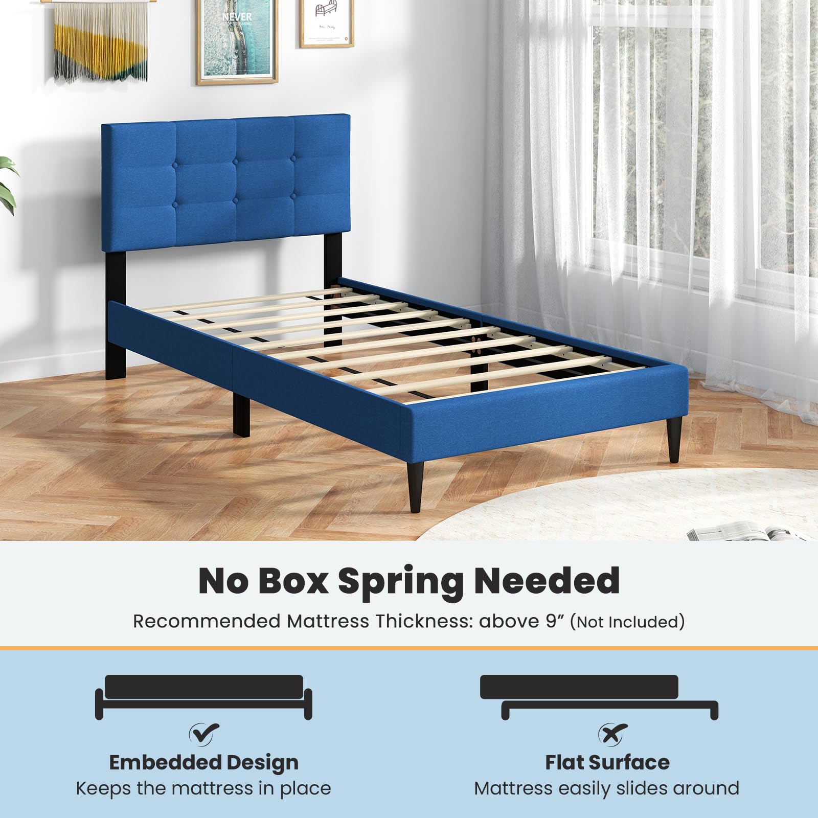 Giantex Twin Bed Frames for Kids, Modern Fabric Linen Upholstered Platform Bed Frame with Button Tufted Headboard and Wooden Slats, No Box Spring Needed, Kids Twin Bed for Boys Girls, Navy Blue