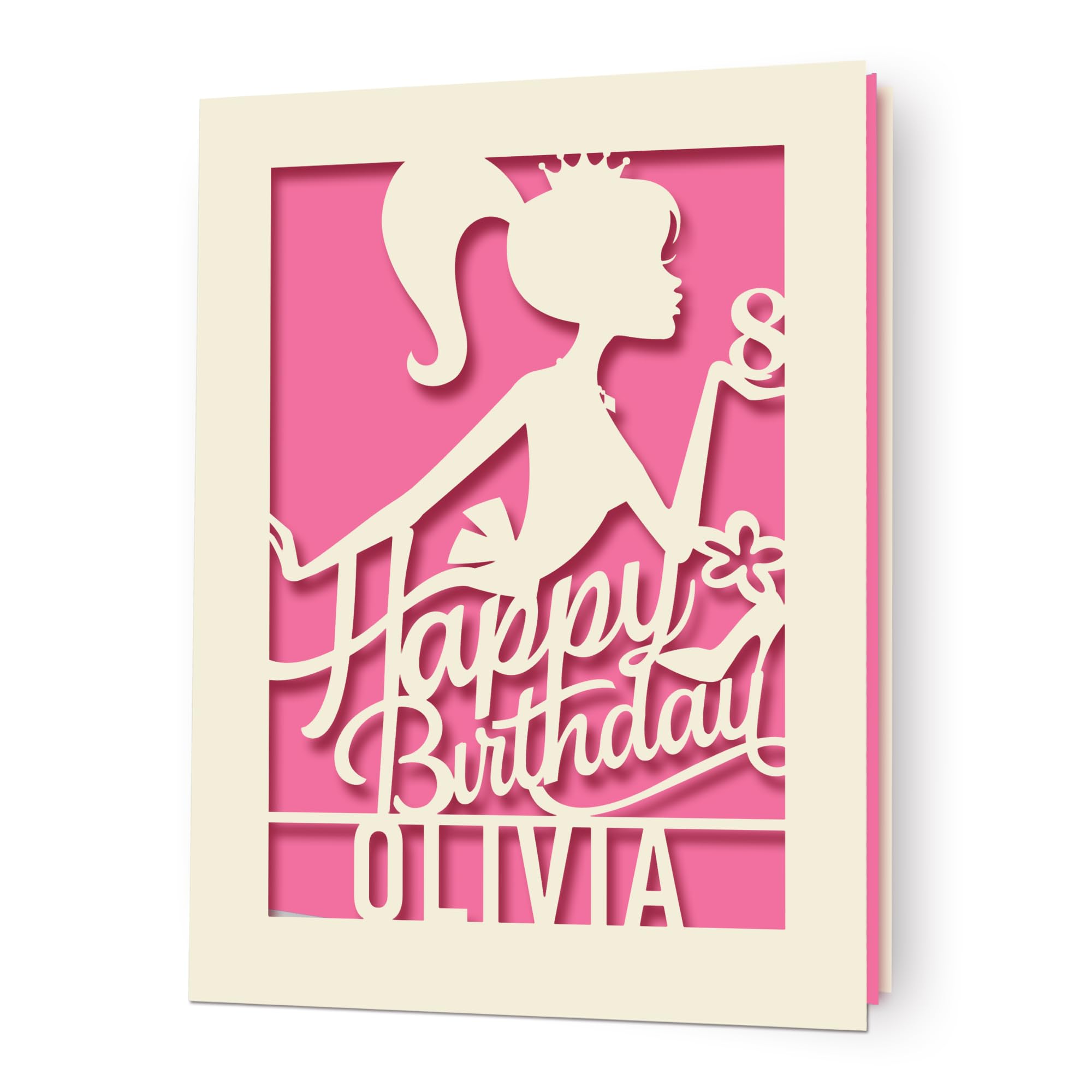 Girl Birthday Cards Personalized Girl Birthday Card Gifts for Sister Kids Niece Daughter Happy Birthday Card Laser Paper Cut Card with Any Name & Age for 1st 3rd 4th 5th 6th 7th 18th(Fuchsia)